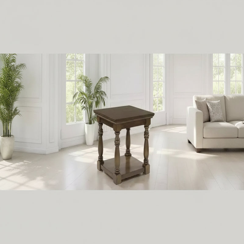 Mesa auxiliar rectangular tradicional - Mesa auxiliar de dos niveles con postes decorativos, Marrón