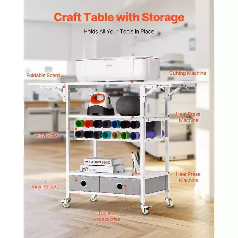 Carro de manualidades y mesa de almacenamiento rodante, compatible con Cricut, laterales plegables, 14 soportes para rollos de vinilo y 2 cajones
