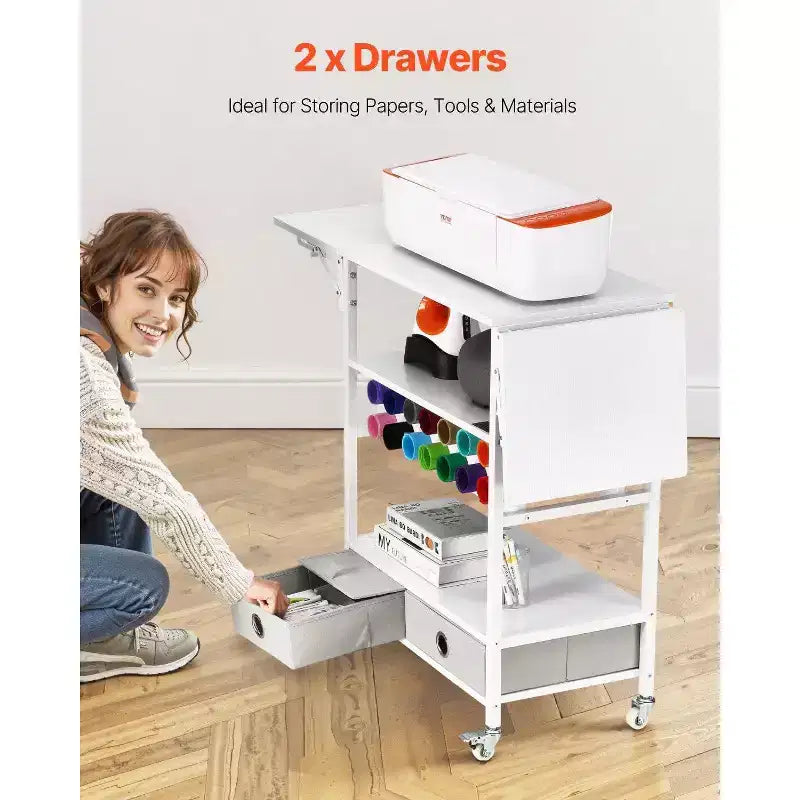 Carro de manualidades y mesa de almacenamiento rodante, compatible con Cricut, laterales plegables, 14 soportes para rollos de vinilo y 2 cajones