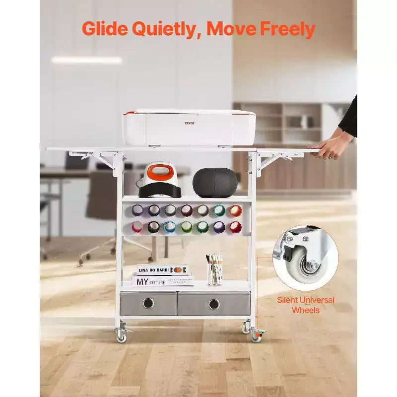 Carro de manualidades y mesa de almacenamiento rodante, compatible con Cricut, laterales plegables, 14 soportes para rollos de vinilo y 2 cajones