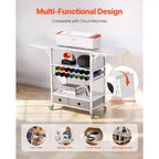 Carro de manualidades y mesa de almacenamiento rodante, compatible con Cricut, laterales plegables, 14 soportes para rollos de vinilo y 2 cajones
