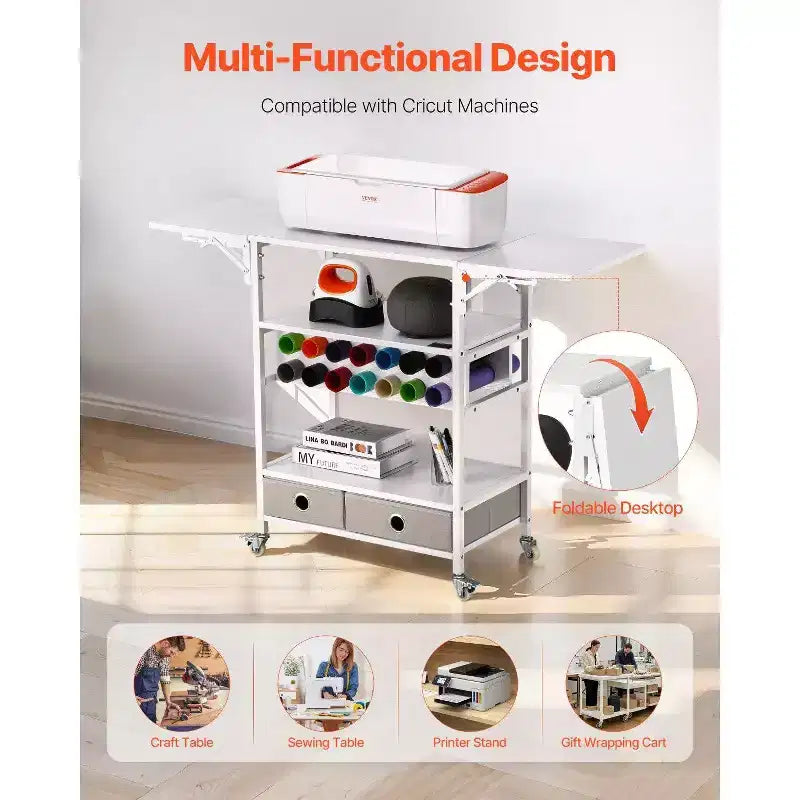 Carro de manualidades y mesa de almacenamiento rodante, compatible con Cricut, laterales plegables, 14 soportes para rollos de vinilo y 2 cajones