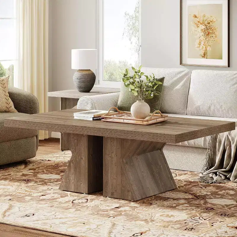 Mesa de centro de madera, mesa rectangular de 47 pulgadas con base de madera gruesa, mesa de centro estilo rústico para sala de estar (marrón)