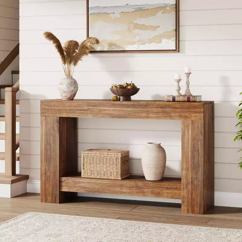 Mesa consola de entrada de granja de 47 pulgadas, mesa de sofá rústica de 2 niveles con patas de metal para detrás del sofá, pasillo, sala de estar