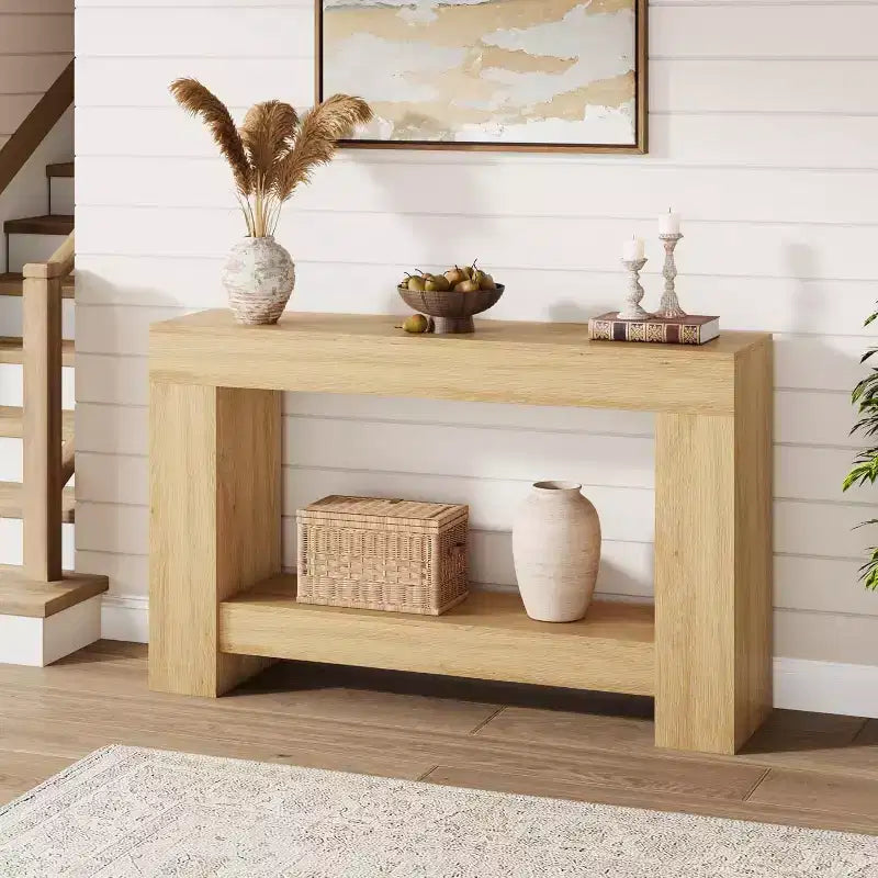 Mesa consola de entrada de granja de 47 pulgadas, mesa de sofá rústica de 2 niveles con patas de metal para detrás del sofá, pasillo, sala de estar