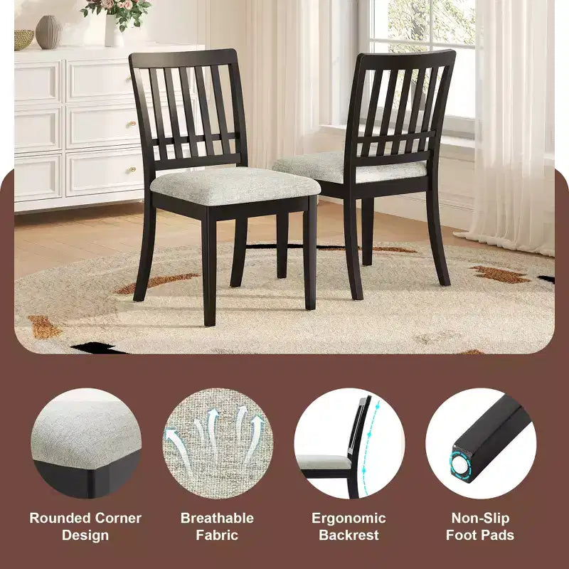 Sillas de comedor de 2 piezas con respaldo de madera curvado y asiento de tela gris