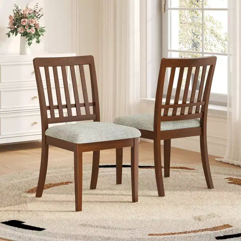 Sillas de comedor de 2 piezas con respaldo de madera curvado y asiento de tela gris