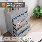 Cómoda de 5 cajones, 2 unidades, cómoda de madera, organizador de cajones de almacenamiento con tiradores dorados, cajones profundos, para sala de estar, armario, pasillo, gris