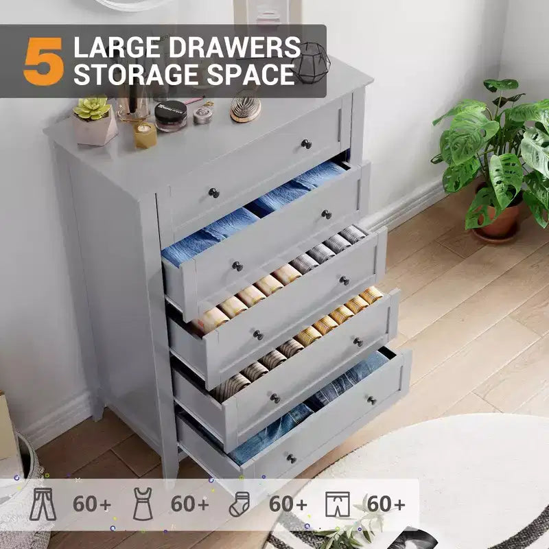 Cómoda de 5 cajones, 2 unidades, cómoda de madera, organizador de cajones de almacenamiento con tiradores dorados, cajones profundos, para sala de estar, armario, pasillo, gris