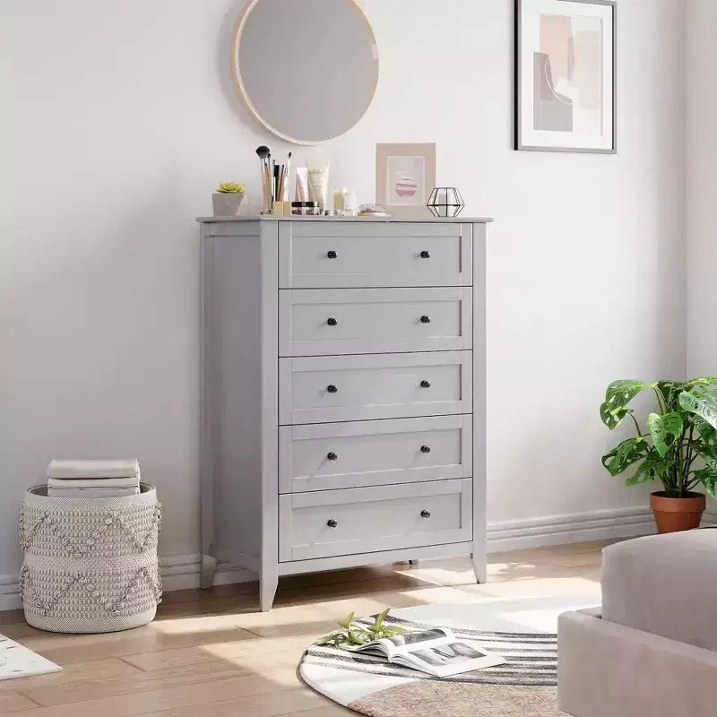 Cómoda de 5 cajones, 2 unidades, cómoda de madera, organizador de cajones de almacenamiento con tiradores dorados, cajones profundos, para sala de estar, armario, pasillo, gris
