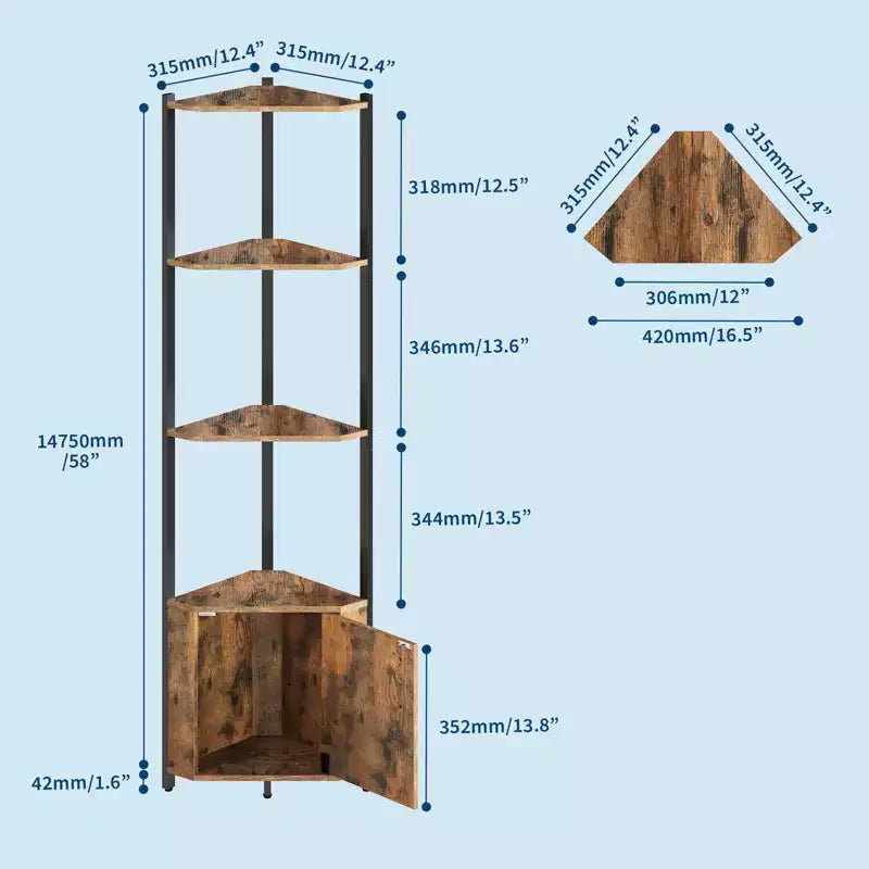 Estantería esquinera alta de 5 niveles - Vitrina esquinera de 58 pulgadas con estantes de madera maciza - Organizador de estantes de pie resistente para sala de estar, dormitorio, cocina