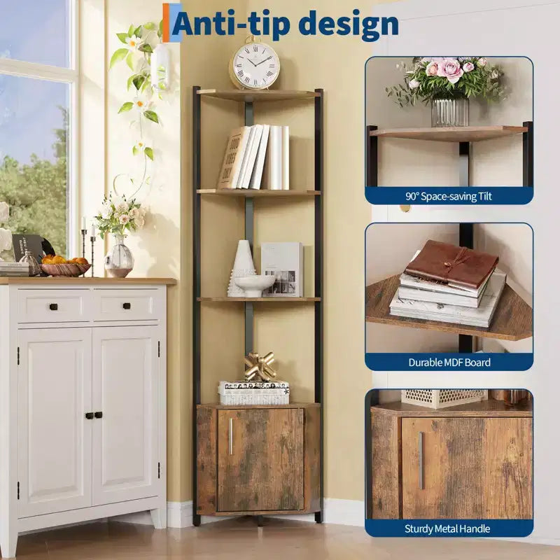 Estantería esquinera alta de 5 niveles - Vitrina esquinera de 58 pulgadas con estantes de madera maciza - Organizador de estantes de pie resistente para sala de estar, dormitorio, cocina