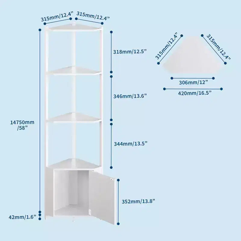 Estantería esquinera alta de 5 niveles - Vitrina esquinera de 58 pulgadas con estantes de madera maciza - Organizador de estantes de pie resistente para sala de estar, dormitorio, cocina