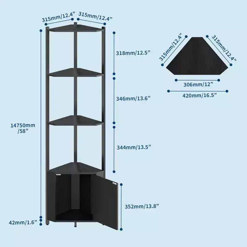 Estantería esquinera alta de 5 niveles - Vitrina esquinera de 58 pulgadas con estantes de madera maciza - Organizador de estantes de pie resistente para sala de estar, dormitorio, cocina