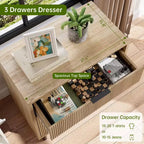 Cómoda de 2 piezas, cómoda de 29,9 pulgadas con organizador de 3 cajones con vetas de madera estriada, patas de metal y dispositivo antivuelco