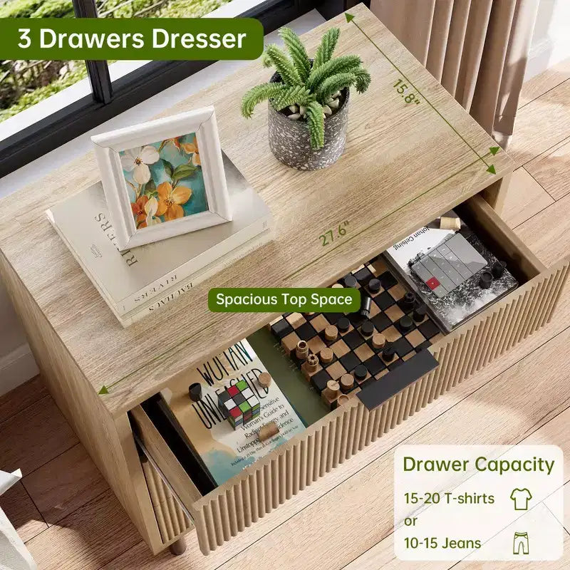 Cómoda de 2 piezas, cómoda de 29,9 pulgadas con organizador de 3 cajones con vetas de madera estriada, patas de metal y dispositivo antivuelco