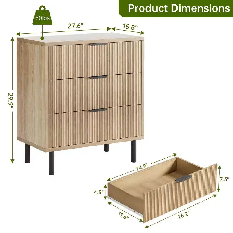 Cómoda de 2 piezas, cómoda de 29,9 pulgadas con organizador de 3 cajones con vetas de madera estriada, patas de metal y dispositivo antivuelco