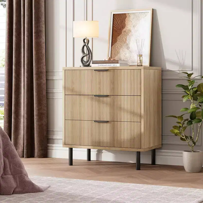 Cómoda de 2 piezas, cómoda de 29,9 pulgadas con organizador de 3 cajones con vetas de madera estriada, patas de metal y dispositivo antivuelco