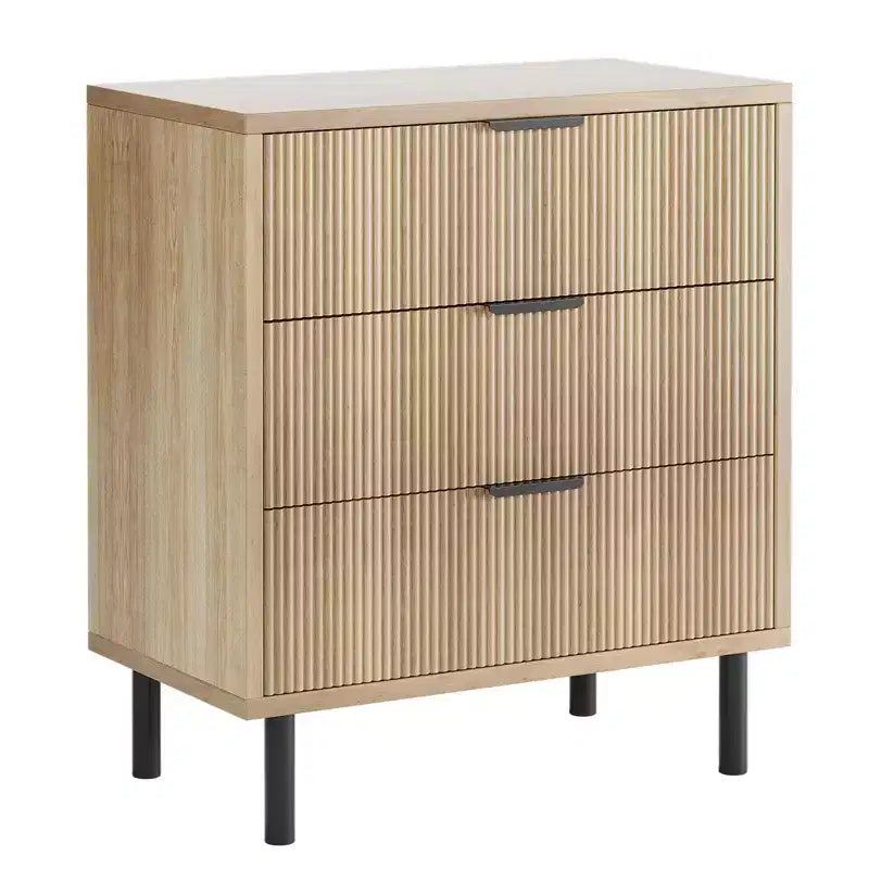 Cómoda de 2 piezas, cómoda de 29,9 pulgadas con organizador de 3 cajones con vetas de madera estriada, patas de metal y dispositivo antivuelco