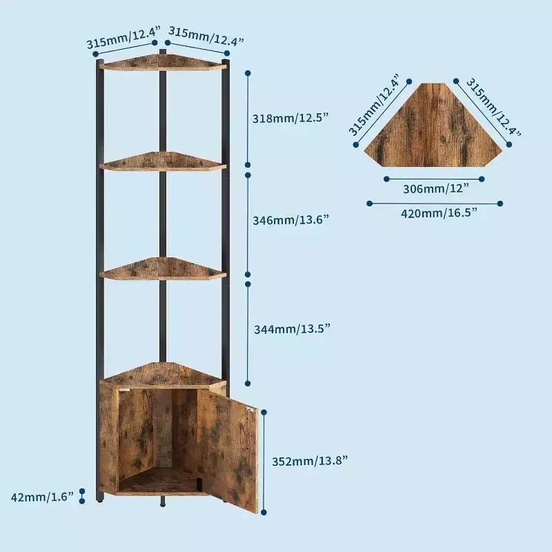 Estantería esquinera, brillo ajustable, marco de metal moderno y estante de exhibición de madera, organizador que ahorra espacio para sala de estar, dormitorio, cocina