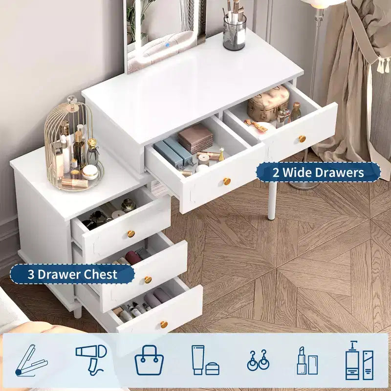 Mesa de tocador de maquillaje con espejo y luces, tocador moderno blanco con 2 cajones y gabinete ajustable de 3 cajones, mesa de tocador de madera