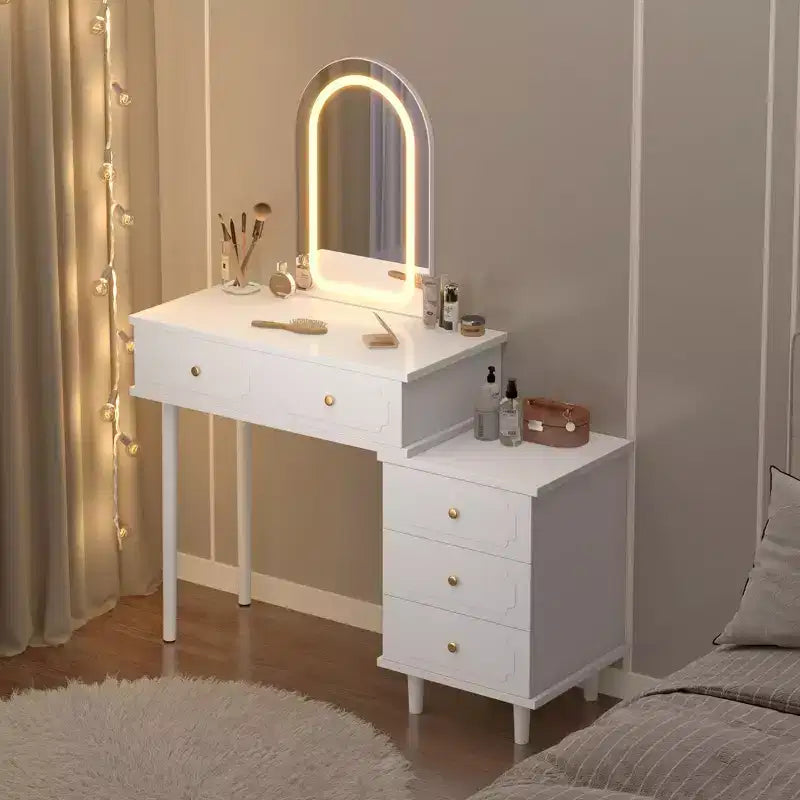 Mesa de tocador de maquillaje con espejo y luces, tocador moderno blanco con 2 cajones y gabinete ajustable de 3 cajones, mesa de tocador de madera