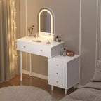 Mesa de tocador de maquillaje con espejo y luces, tocador moderno blanco con 2 cajones y gabinete ajustable de 3 cajones, mesa de tocador de madera