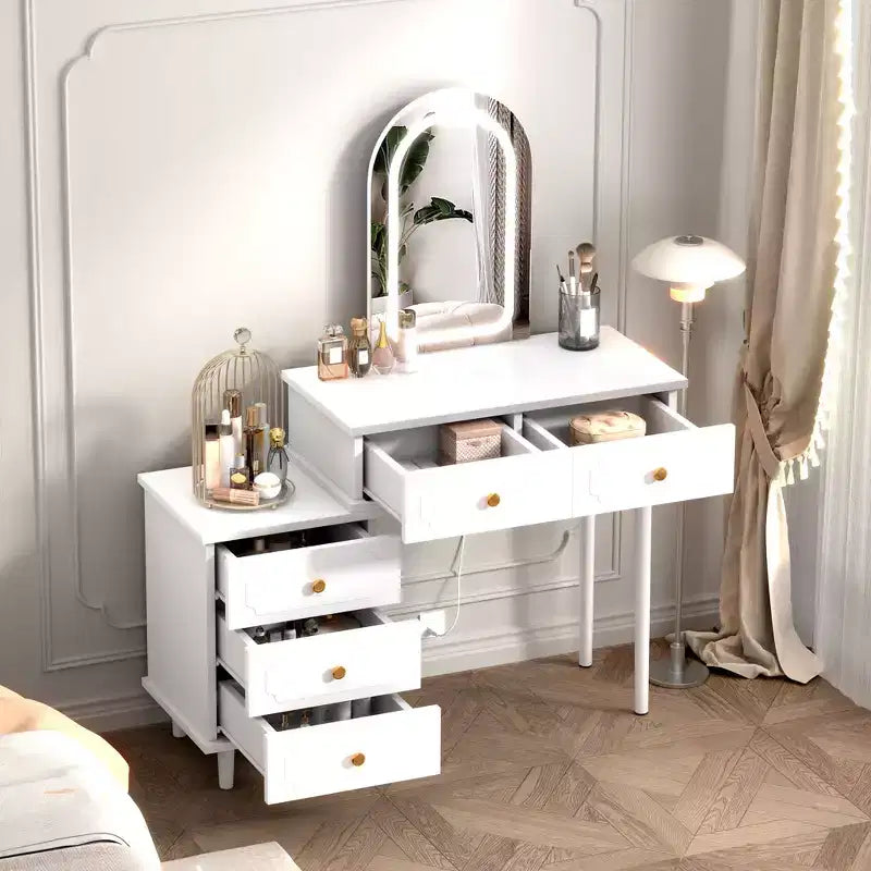Mesa de tocador de maquillaje con espejo y luces, tocador moderno blanco con 2 cajones y gabinete ajustable de 3 cajones, mesa de tocador de madera
