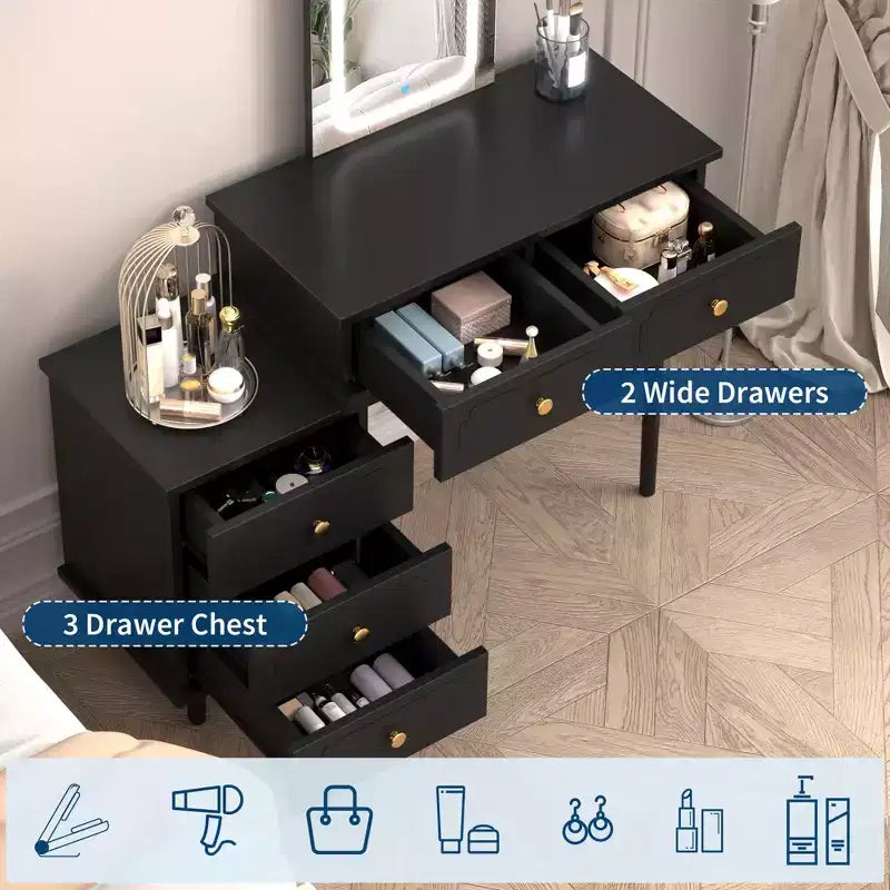 Mesa de tocador de maquillaje con espejo y luces, tocador moderno blanco con 2 cajones y gabinete ajustable de 3 cajones, mesa de tocador de madera