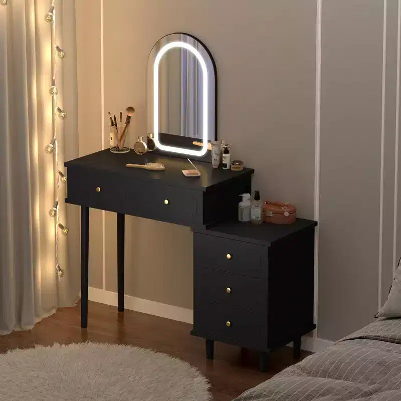 Mesa de tocador de maquillaje con espejo y luces, tocador moderno blanco con 2 cajones y gabinete ajustable de 3 cajones, mesa de tocador de madera