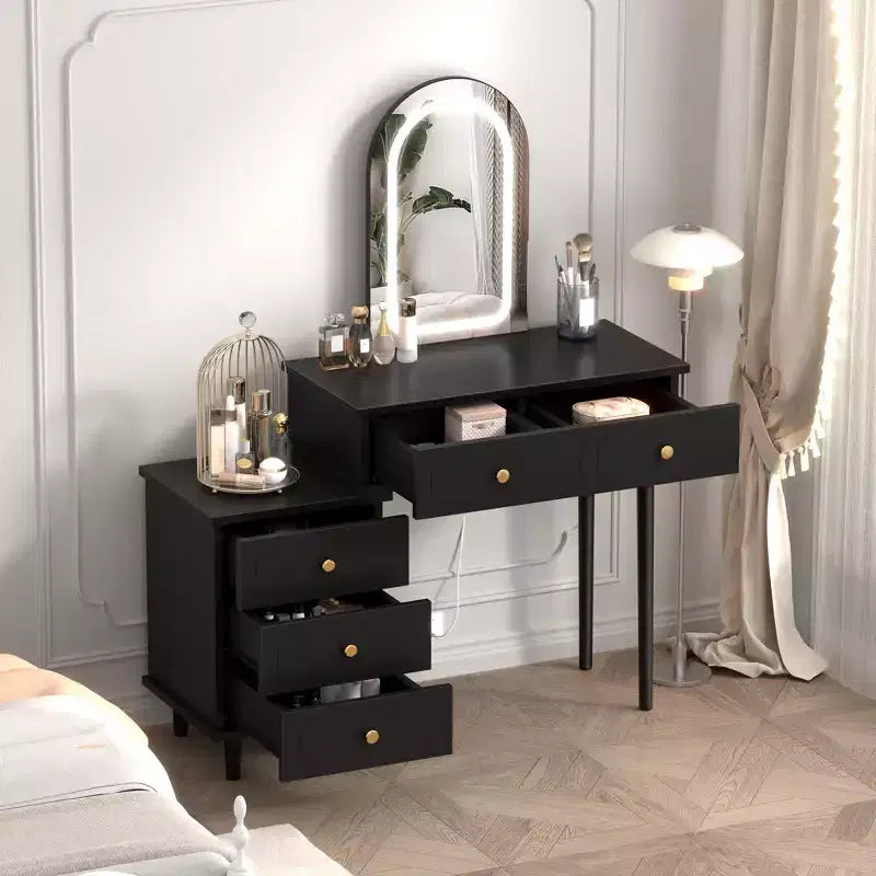 Mesa de tocador de maquillaje con espejo y luces, tocador moderno blanco con 2 cajones y gabinete ajustable de 3 cajones, mesa de tocador de madera