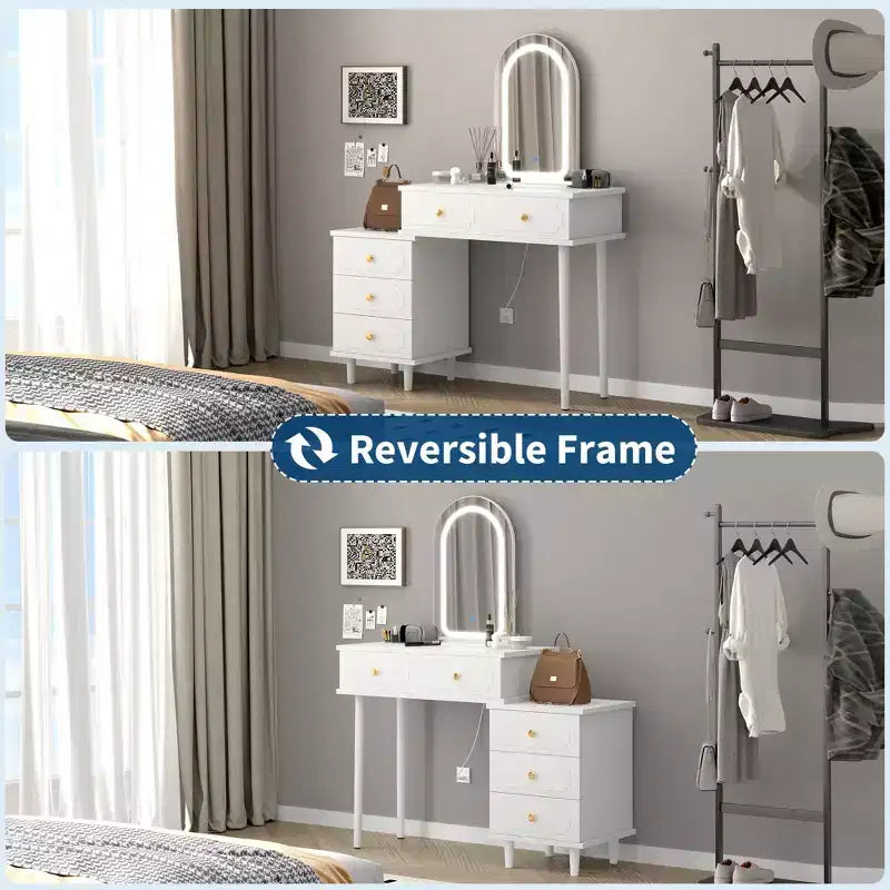 Mesa de tocador de maquillaje con espejo y luces, tocador moderno blanco con 2 cajones y gabinete ajustable de 3 cajones, mesa de tocador de madera