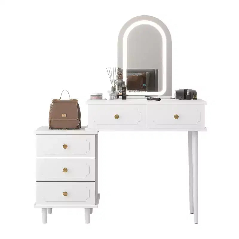 Mesa de tocador de maquillaje con espejo y luces, tocador moderno blanco con 2 cajones y gabinete ajustable de 3 cajones, mesa de tocador de madera