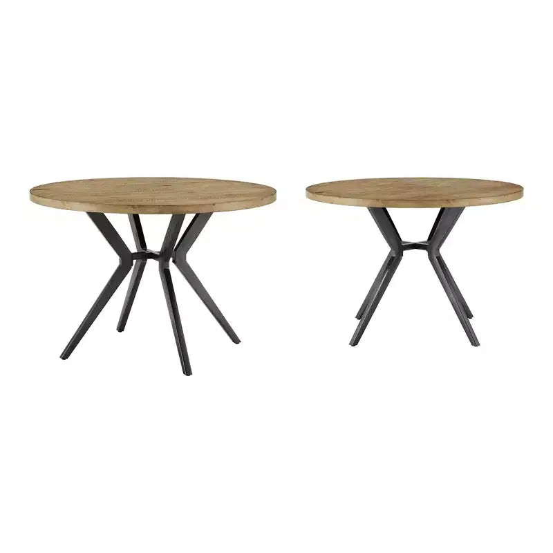 Mesa de comedor redonda para 4 personas con acabado en madera de pino claro/gris y base de metal en gris hierro