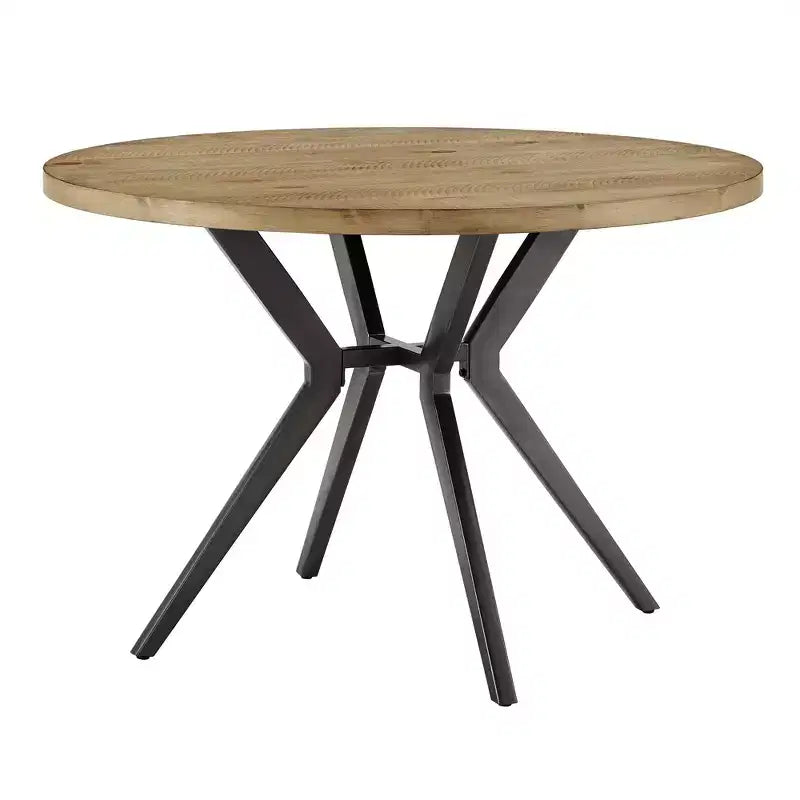 Mesa de comedor redonda para 4 personas con acabado en madera de pino claro/gris y base de metal en gris hierro