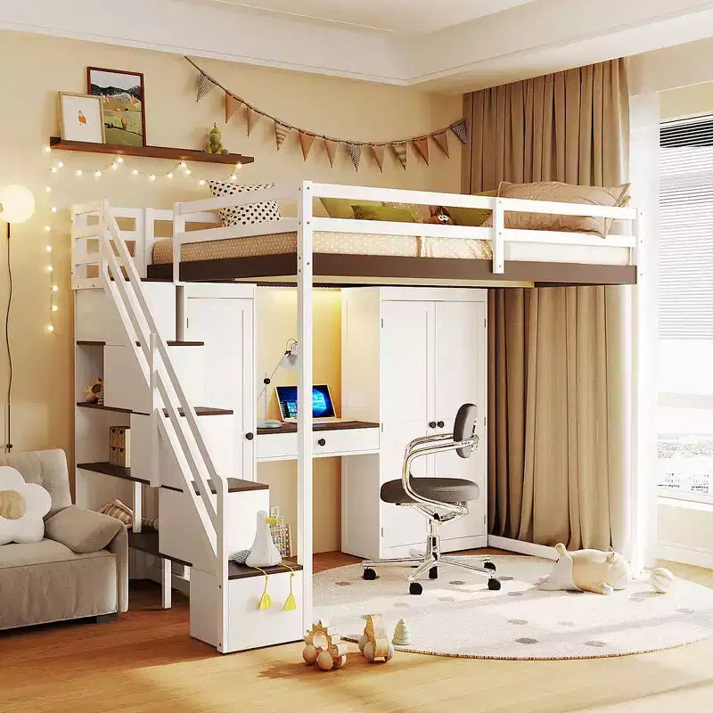 Cama alta doble con escalera de almacenamiento, tocador incorporado con espejo y cajón, armario