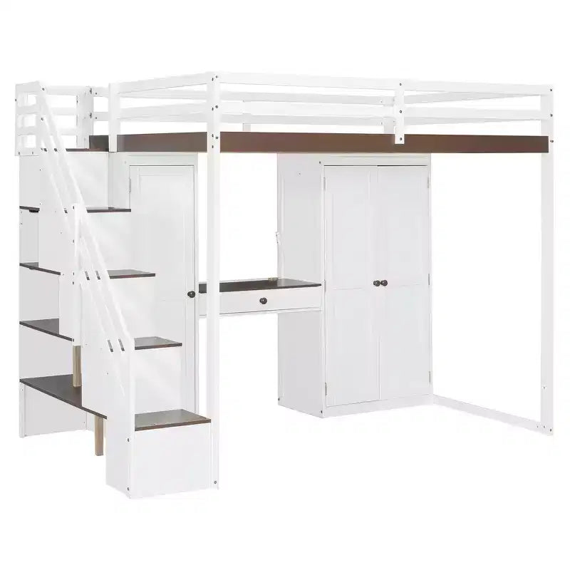 Cama alta doble con escalera de almacenamiento, tocador incorporado con espejo y cajón, armario