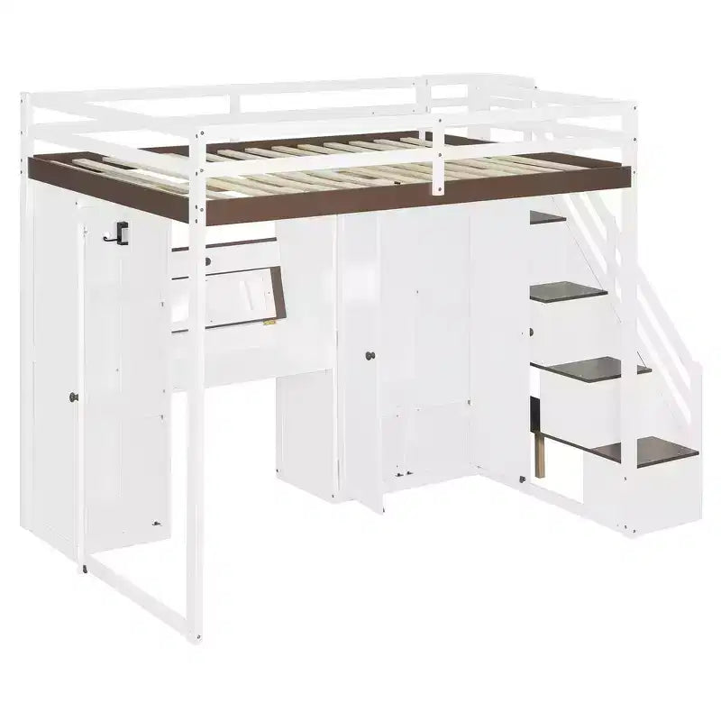 Cama alta doble con escalera de almacenamiento, tocador incorporado con espejo y cajón, armario
