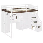 Cama alta doble con escalera de almacenamiento, tocador incorporado con espejo y cajón, armario