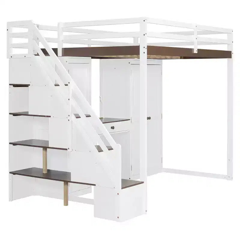 Cama alta doble con escalera de almacenamiento, tocador incorporado con espejo y cajón, armario