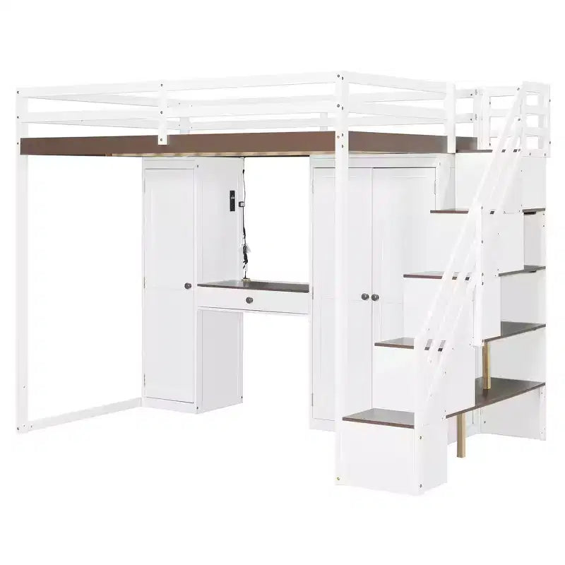 Cama alta doble con escalera de almacenamiento, tocador incorporado con espejo y cajón, armario