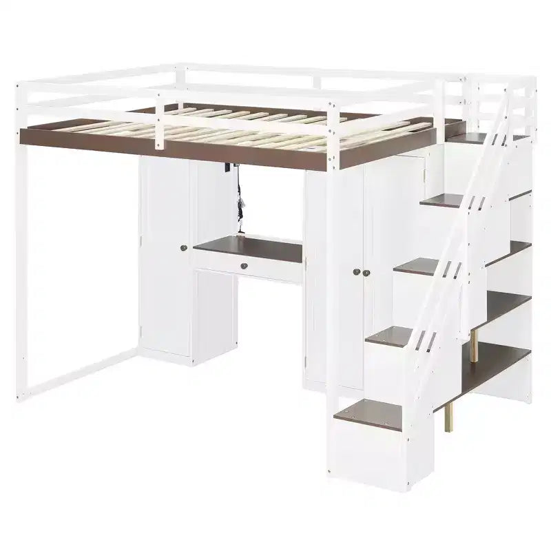 Cama alta doble con escalera de almacenamiento, tocador incorporado con espejo y cajón, armario