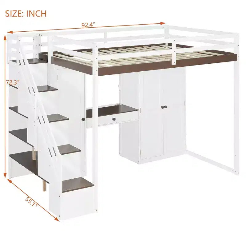 Cama alta doble con escalera de almacenamiento, tocador incorporado con espejo y cajón, armario