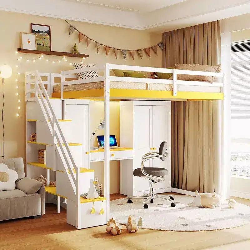 Cama alta doble con escalera de almacenamiento, tocador incorporado con espejo y cajón, armario
