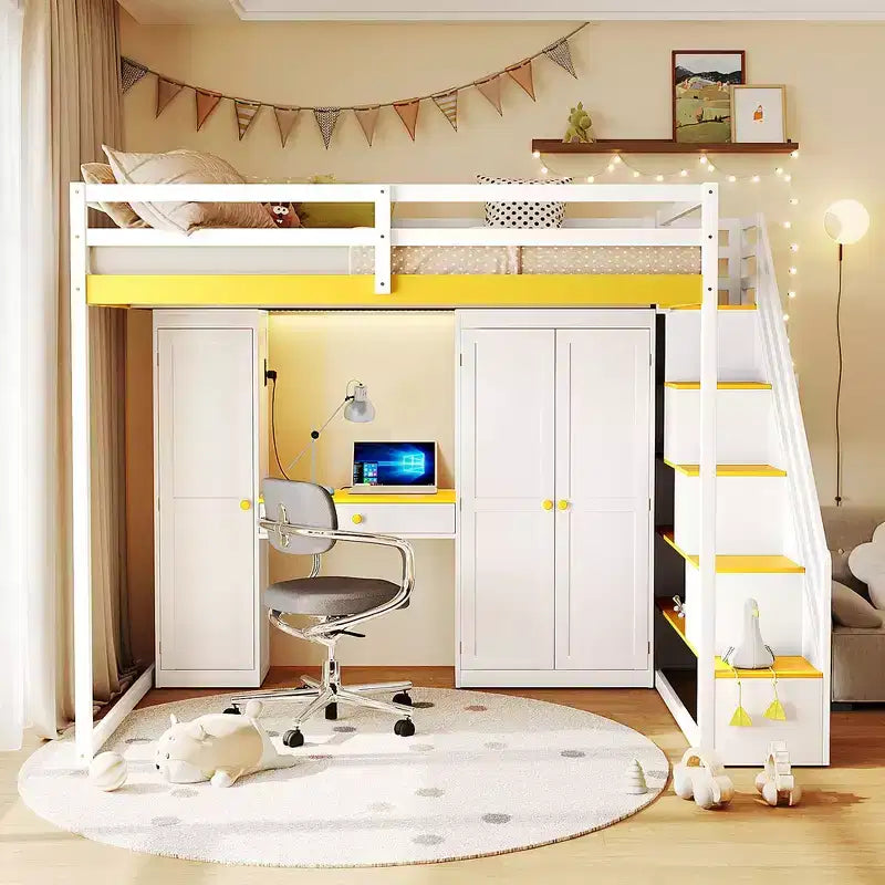 Cama alta doble con escalera de almacenamiento, tocador incorporado con espejo y cajón, armario