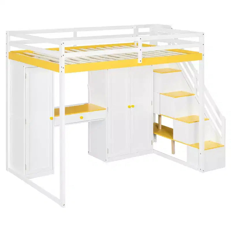 Cama alta doble con escalera de almacenamiento, tocador incorporado con espejo y cajón, armario
