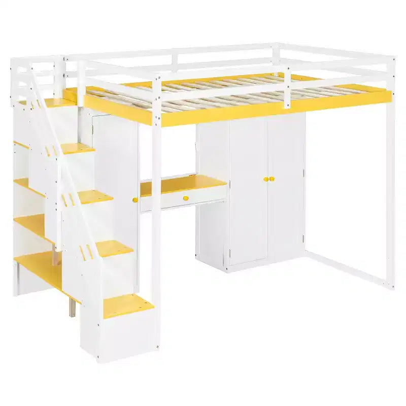 Cama alta doble con escalera de almacenamiento, tocador incorporado con espejo y cajón, armario