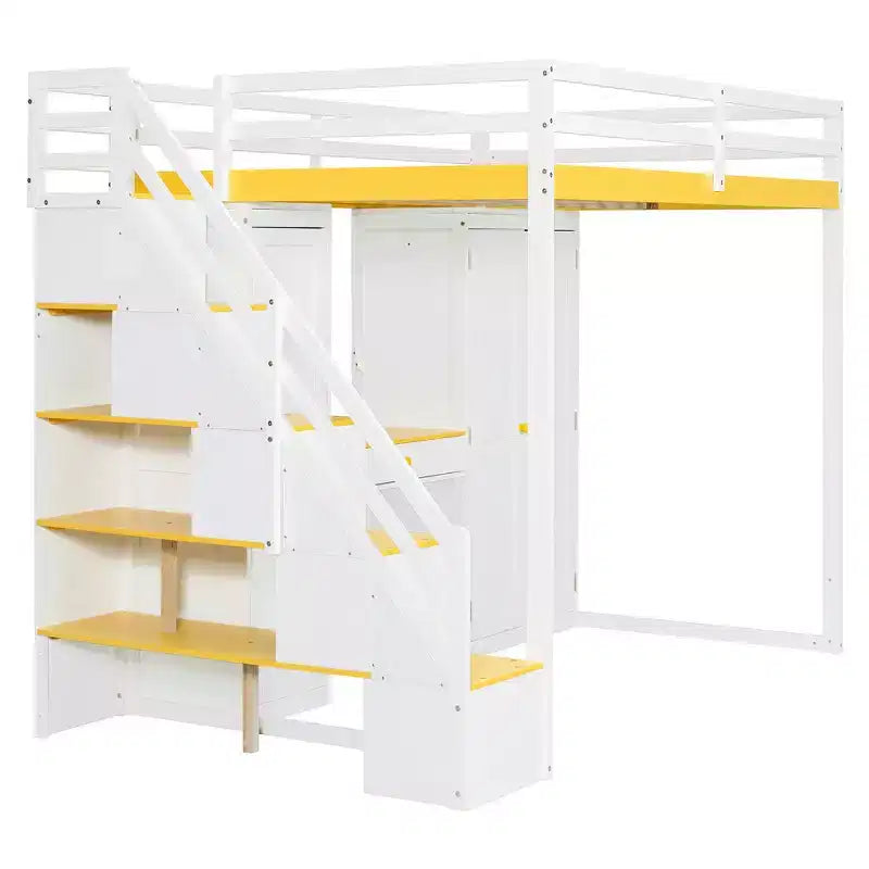 Cama alta doble con escalera de almacenamiento, tocador incorporado con espejo y cajón, armario