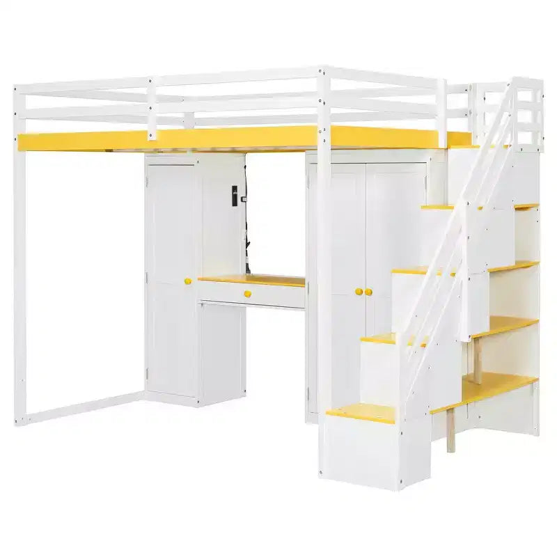 Cama alta doble con escalera de almacenamiento, tocador incorporado con espejo y cajón, armario