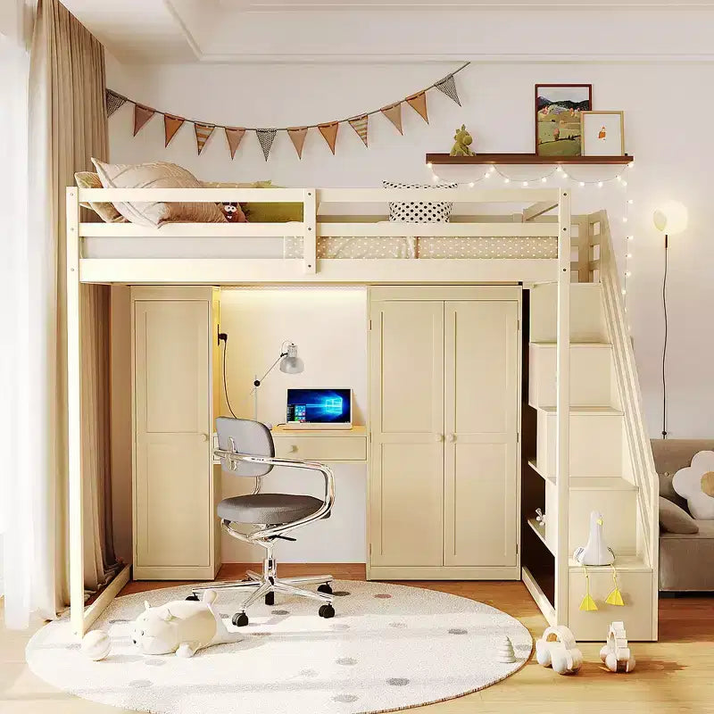 Cama alta doble con escalera de almacenamiento, tocador incorporado con espejo y cajón, armario